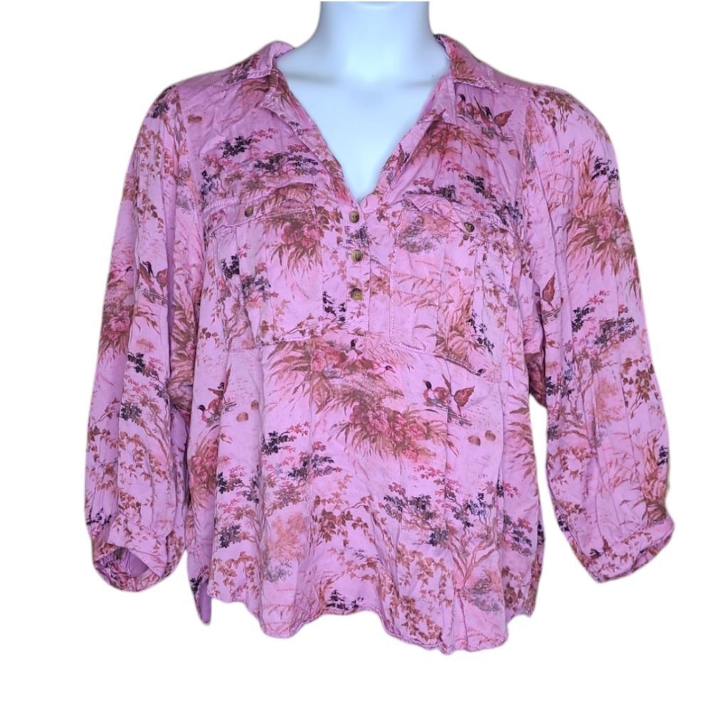 ANTHROPOLOGIE Pilcro pink femme utility gorp duck blouse button up‎ shirt L - Picture 3 of 11